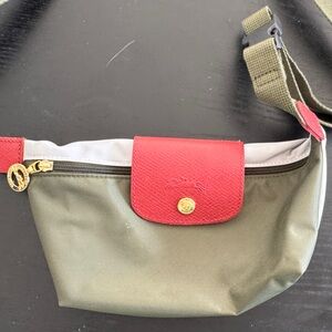 Longchamp Re/Play Belt Bag/ green and gray nylon w maroon leather flap.